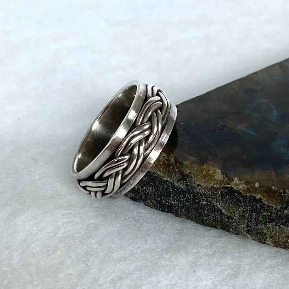 Sterling Silver 925 8MM Unisex Braided Rope Wide Band Spinner Ring Size 8.25 8g